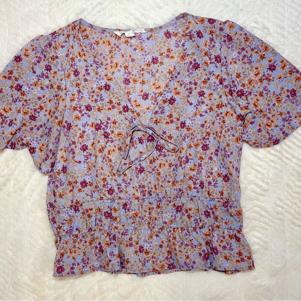 Pink Rose Floral Tie-Front Blouse Cropped